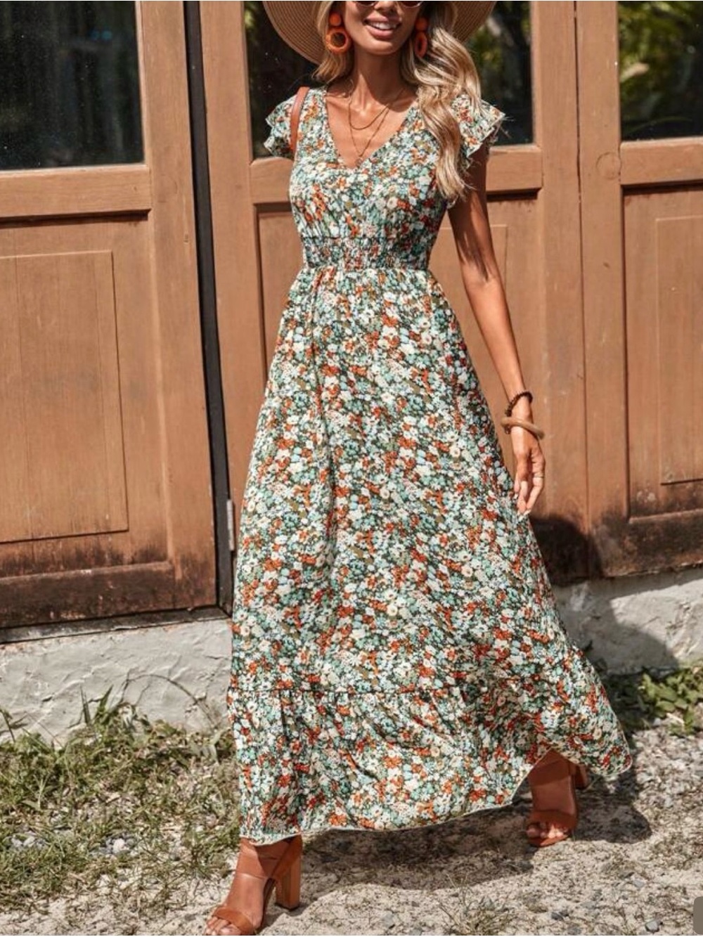 Floral V-Neck Maxi Dress in Green and Rust